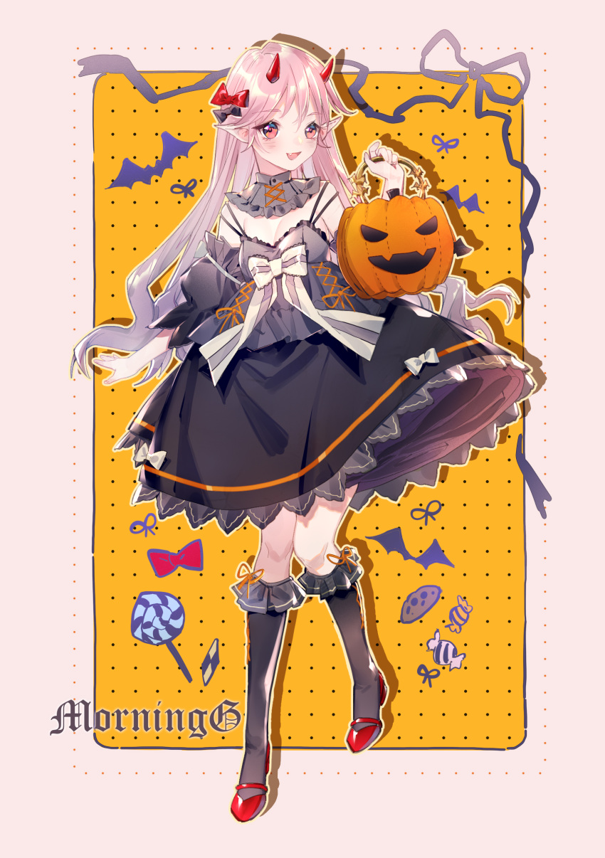 1girl :d absurdres bangs black_bow black_dress blush bow breasts candy cleavage demon_horns detached_sleeves dress fang food frilled_legwear full_body hair_bow halloween highres holding horns jack-o'-lantern kneehighs lolita_fashion long_hair looking_at_viewer neck_ribbon open_mouth original pink_eyes pink_hair pointy_ears red_bow red_footwear ribbon shoes small_breasts smile solo standing striped striped_ribbon white_bow yellow_outline yuzhi