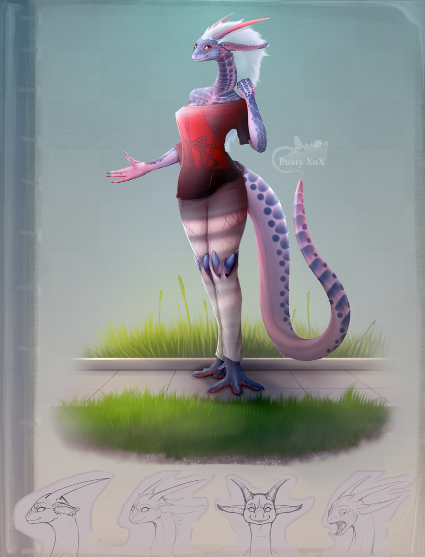 4_fingers anthro black_pupils blue_body blue_scales clothing dragon female fingers hair hi_res horn long_ears long_neck looking_at_viewer multicolored_clothing pustyxox red_clothing scales scalie solo standing torn_clothing white_eyes white_hair