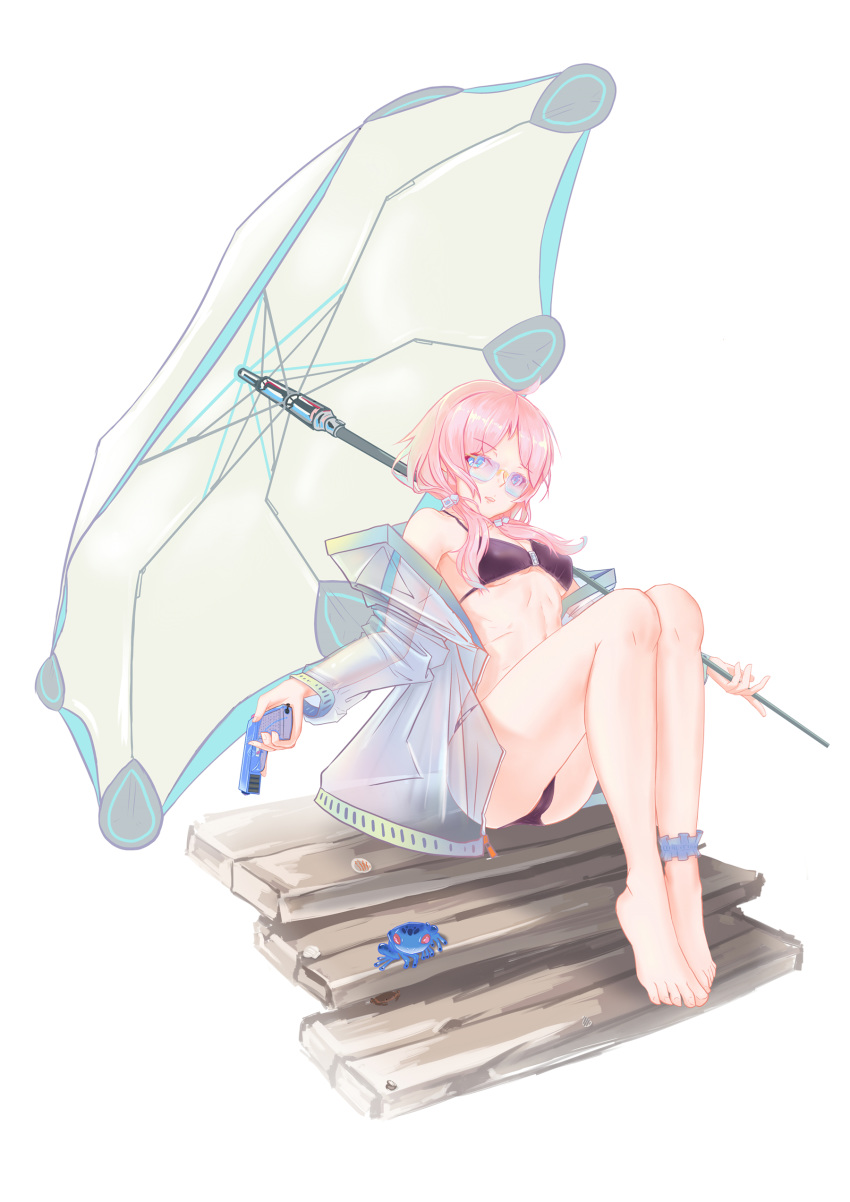 1girl absurdres anklet arknights ass bare_legs barefoot bikini_bottom bikini_top blue_eyes blue_poison_(arknights) breasts cai_yuan crotch_seam frog frog_eyes highres jacket jewelry looking_at_viewer midriff parasol pink_hair plank see-through sitting small_breasts solo_focus swimsuit thighs toes twintails umbrella water_gun