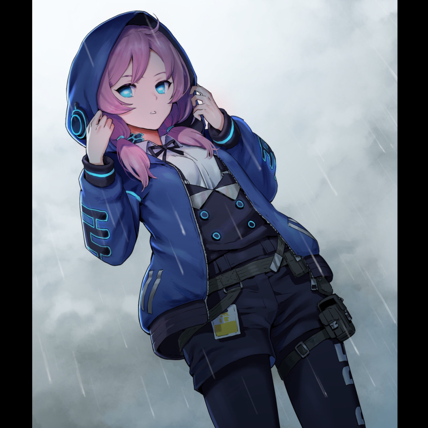 1girl arknights belt belt_pouch blue_eyes blue_jacket blue_poison_(arknights) bow bowtie cloud cloudy_sky dress_shirt frog_eyes glowing highres hood hoodie jacket looking_at_viewer pantyhose pink_hair pouch rain shirt shorts sky solo_focus suspenders twintails ume_(yume_uta_da) vest water_drop