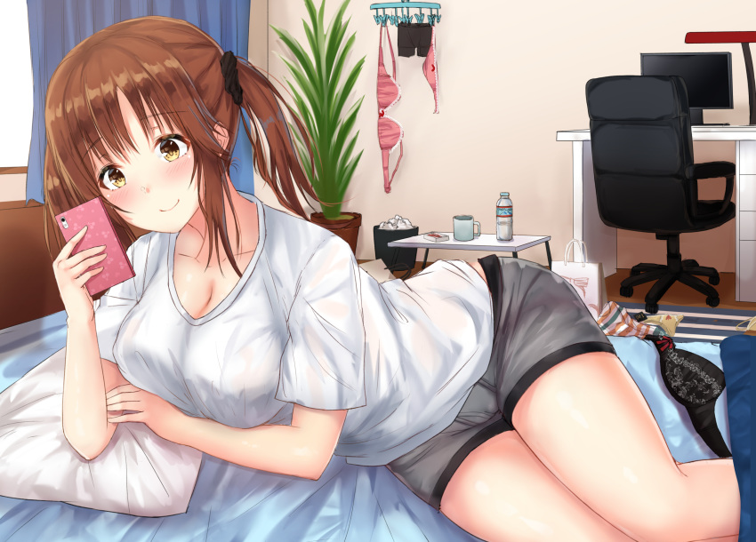 bed computer idolmaster idolmaster_cinderella_girls karo-chan phone shorts totoki_airi