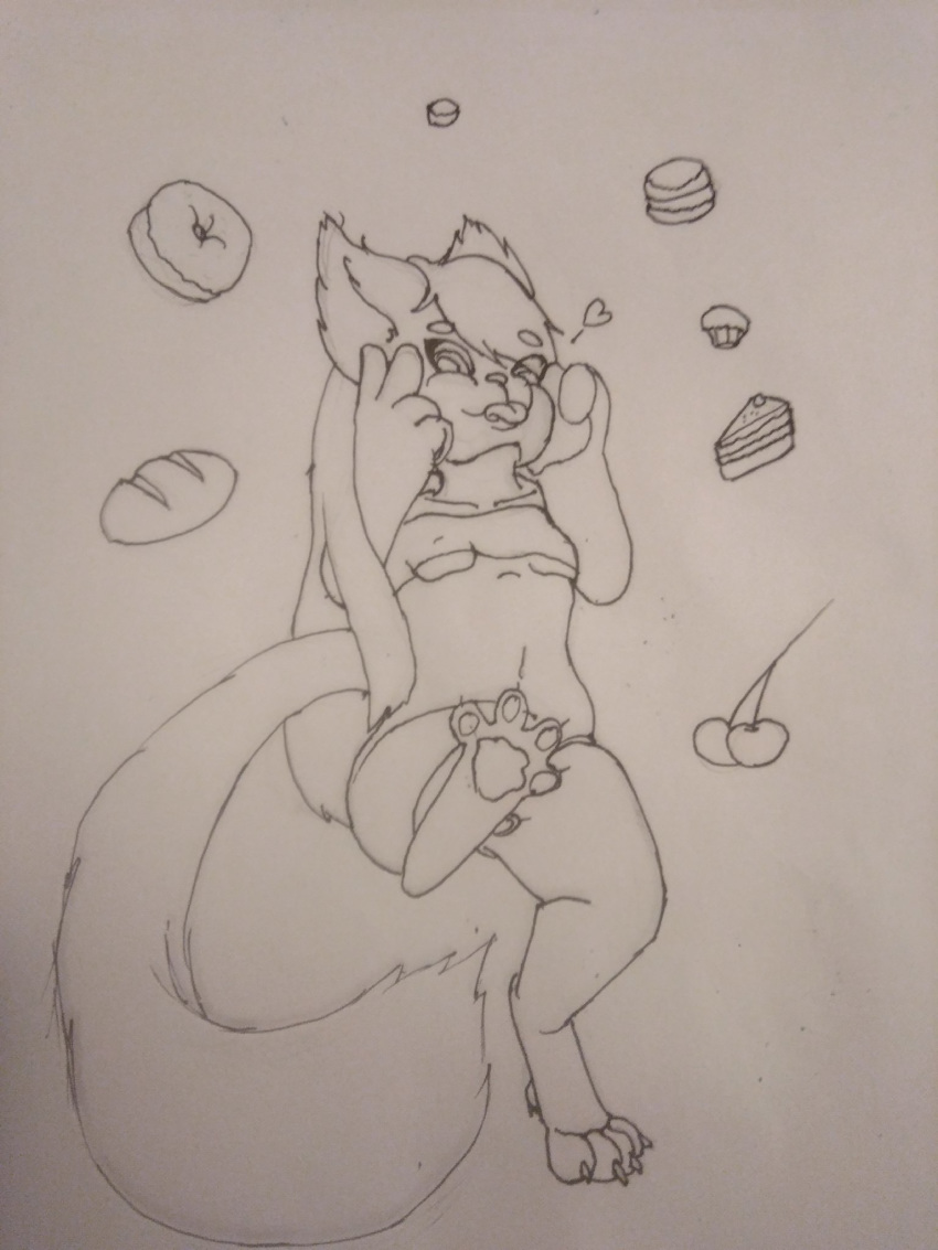 anthro bottomless bread breasts cake canid canine canis cherry clothed clothing doughnut female food fruit hi_res mammal mrnatmax muffin paws plant solo spread_legs spreading topwear traditional_media_(artwork) wolf