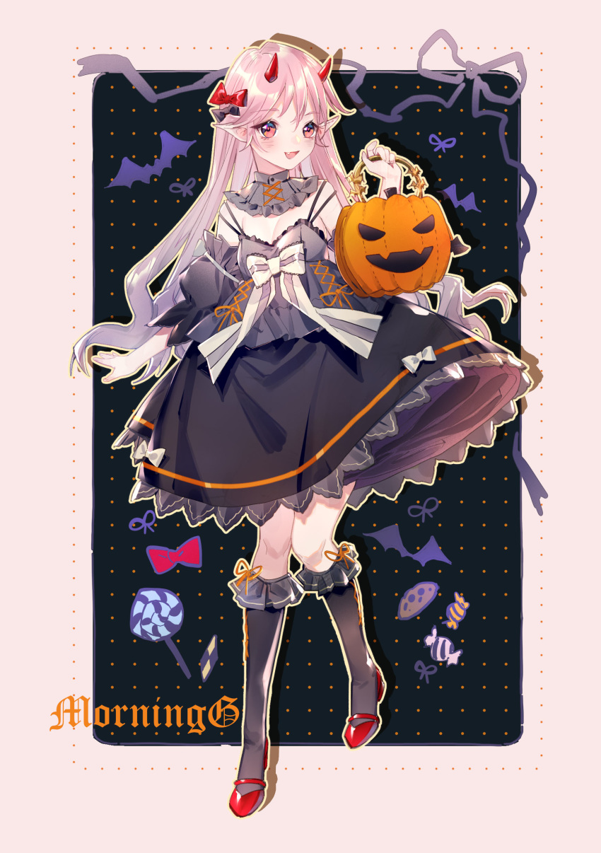 1girl :d absurdres bangs black_bow black_dress blush bow breasts candy cleavage demon_horns detached_sleeves dress fang food frilled_legwear full_body hair_bow halloween highres holding horns jack-o'-lantern kneehighs lolita_fashion long_hair looking_at_viewer neck_ribbon open_mouth original pink_eyes pink_hair pointy_ears red_bow red_footwear ribbon shoes small_breasts smile solo standing striped striped_ribbon white_bow yellow_outline yuzhi