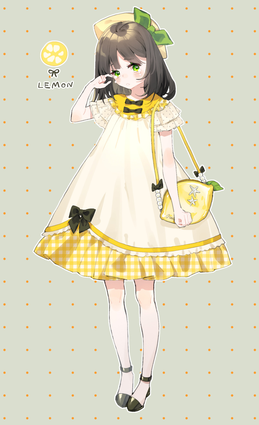 1girl ankle_strap bag bangs beige_background black_bow black_footwear black_hair bow bowtie clenched_hand crying dress food food_themed_bag frilled_dress frilled_sleeves frills fruit full_body green_bow green_eyes hat hat_bow highres lemon lolita_fashion long_hair original outline plaid polka_dot shoes short_sleeves shoulder_bag solo standing tears white_outline wiping_tears yellow_dress yellow_headwear yuzhi