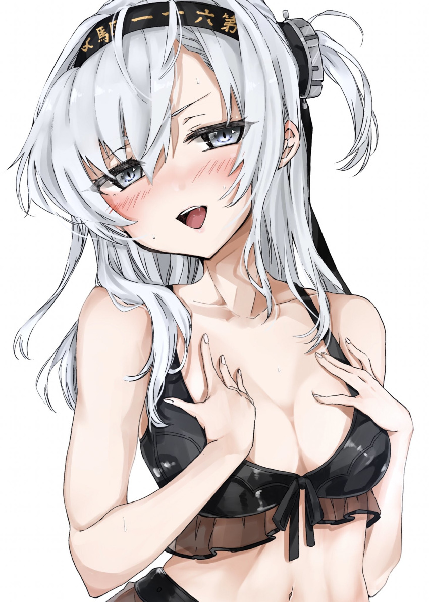 1girl bikini black_bikini black_headband blush chigasaki_y clothes_writing collarbone grey_eyes hachimaki hair_between_eyes headband highres kantai_collection long_hair navel one_side_up open_mouth silver_hair simple_background solo suzutsuki_(kantai_collection) swimsuit upper_body white_background