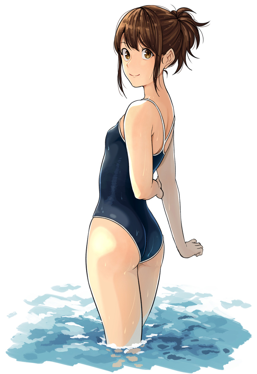 1girl arms_behind_back ass breasts brown_hair closed_mouth commentary_request competition_school_swimsuit from_behind gintama highres kobaji long_hair looking_at_viewer looking_back one-piece_swimsuit ponytail revision school_swimsuit shimura_tae simple_background small_breasts smile solo standing swimsuit wading water wet wet_clothes white_background