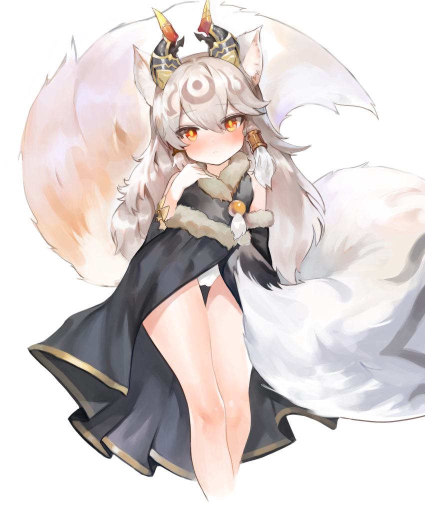 2_tails animal_humanoid camel_toe clothed clothing dokomon dragon dragon_humanoid dress female fluffy fluffy_tail fur furred_dragon furred_dragon_humanoid hair hi_res horn huge_tail humanoid ilmina_(puzzle_and_dragons) light_skin long_hair looking_at_viewer multi_tail orange_eyes panties puzzle_and_dragons solo standing underwear video_games white_hair wide_hips