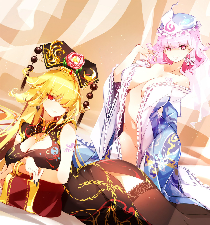 2girls bangle black_dress black_headwear black_legwear black_nails blonde_hair blue_headwear bracelet breasts cleavage closed_mouth commentary_request dress earrings embellished_costume eyelashes fingernails flower hair_over_one_eye hat hat_flower highres japanese_clothes jewelry junko_(touhou) kimono kneeling large_breasts long_fingernails long_hair looking_at_viewer lying mob_cap multiple_girls nail_polish navel off_shoulder on_side open_clothes open_kimono parted_lips pink_eyes pink_hair pointy_ears raptor7 red_eyes red_flower red_rose rose ruby_(gemstone) saigyouji_yuyuko smile tassel thighhighs touhou triangular_headpiece
