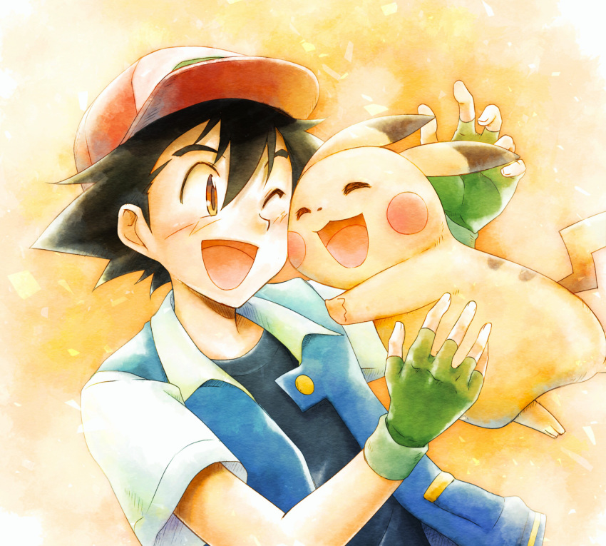 1boy :d ;d baseball_cap black_hair blush brown_eyes closed_eyes fingerless_gloves gen_1_pokemon gloves green_gloves hat highres kazayama_hien one_eye_closed open_mouth pikachu pokemon pokemon_(anime) pokemon_(creature) satoshi_(pokemon) simple_background smile spiked_hair upper_body yellow_background