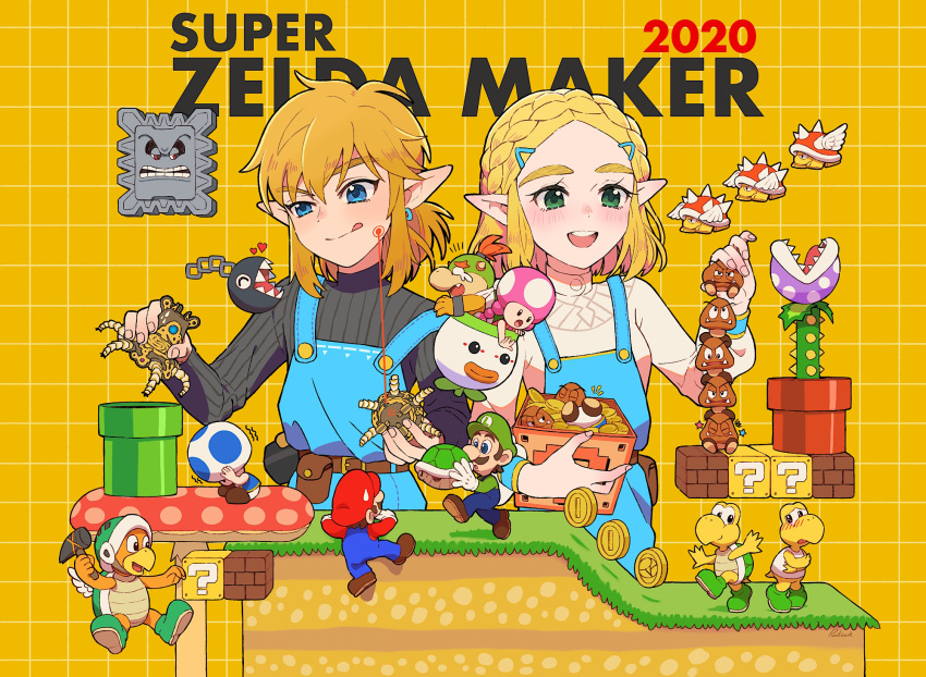 3girls 6+boys ?_block block blonde_hair blue_eyes bowser_jr. braid chain_chomp company_connection crossover facial_hair goomba green_eyes guardian_(breath_of_the_wild) hammer_brothers hat highres koopa_troopa licking_lips link luigi mario mario_(series) multiple_boys multiple_girls mustache open_mouth overalls piranha_plant pointy_ears princess_zelda round_teeth rutiwa shell spiny super_mario_bros. super_mario_maker teeth the_legend_of_zelda the_legend_of_zelda:_breath_of_the_wild the_legend_of_zelda:_breath_of_the_wild_2 thick_eyebrows thwomp toad toadette tongue tongue_out wings yellow_background