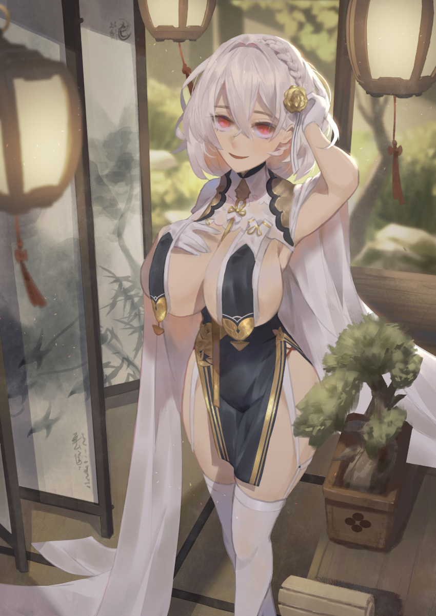 1girl absurdres architecture azur_lane bonsai braid breast_curtains breasts cherry_blossoms china_dress chinese_clothes cirilla cleavage crown_braid dress east_asian_architecture folding_screen garden garter_straps gloves grey_dress hair_intakes half_gloves highres lantern large_breasts neckwear_between_breasts pelvic_curtain red_eyes sheer_clothes short_hair sirius_(azur_lane) sirius_(azure_horizons)_(azur_lane) smile tatami thighhighs white_hair white_legwear