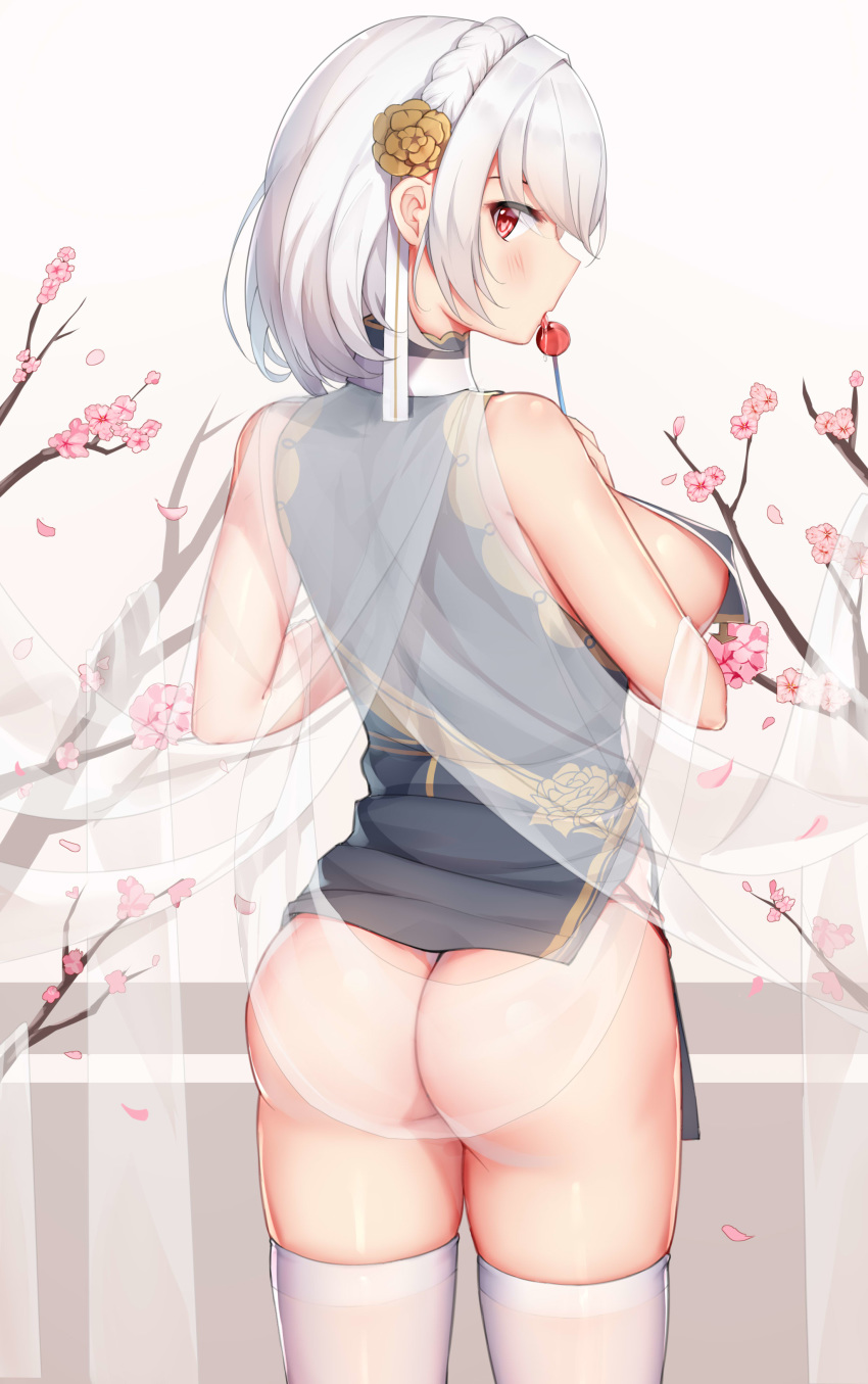 1girl absurdres ass azur_lane bangs blush braid breast_curtains breasts candy china_dress chinese_clothes covered_nipples dress food from_behind gei_daipf hair_between_eyes hair_ornament highres holding holding_food large_breasts licking lollipop looking_at_viewer looking_back petals red_eyes revealing_clothes see-through short_hair sideboob sirius_(azur_lane) sirius_(azure_horizons)_(azur_lane) solo thighhighs thighs white_hair white_legwear
