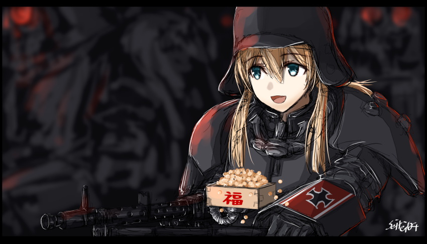 1girl alternate_costume anchor armor bangs beans black_border black_headwear blonde_hair blue_eyes border eyebrows_visible_through_hair gun hair_between_eyes helmet highres holding holding_gun holding_weapon iron_cross jin_roh kantai_collection long_hair masu military military_uniform open_mouth prinz_eugen_(kantai_collection) protect-gear seitei_(04seitei) setsubun signature solo twintails uniform weapon