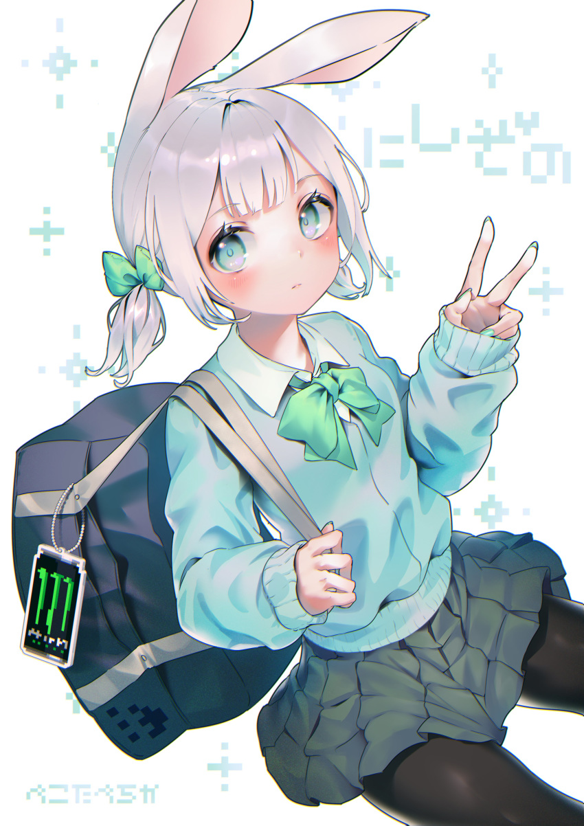 1girl absurdres animal_ears bag bangs bow bunny_ears cardigan green_cardigan green_eyes green_skirt hair_bow highres keychain monster_energy nail_polish original pantyhose pyonsuke_(pyon2_mfg) school_uniform shirt short_twintails silver_hair simple_background sitting skirt solo twintails v white_shirt