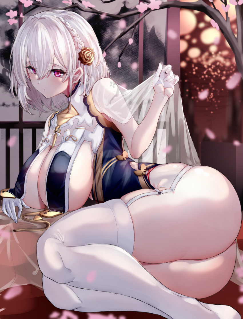 1girl absurdres ass azarashi_(azrsot) azur_lane blush braid breast_curtains breasts cherry_blossoms china_dress chinese_clothes dress garter_straps gloves hair_between_eyes half_gloves highres huge_breasts looking_at_viewer lying neckwear_between_breasts on_side parted_lips pink_eyes revealing_clothes rose_hair_ornament see-through_sleeves sheer_clothes short_hair sideboob silver_hair sirius_(azur_lane) sirius_(azure_horizons)_(azur_lane) skindentation solo thighhighs tree_branch white_legwear