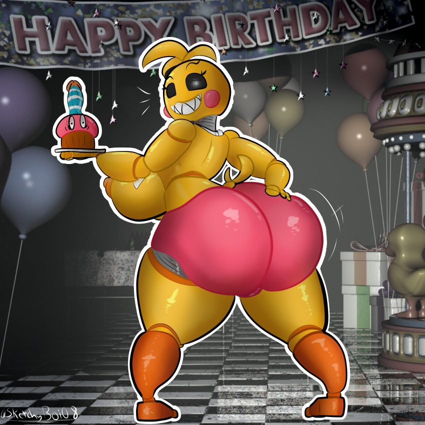 1:1 2019 animatronic anthro avian bird bottomwear breasts chicken clothed clothing cupcake_(fnaf) dildo female five_nights_at_freddy's five_nights_at_freddy's_2 galliform gallus_(genus) head_tuft hi_res looking_at_viewer machine nipples phasianid pink_bottomwear pink_clothing robot sex_toy sketchyboi08 solo teeth thick_thighs topless toy_chica_(fnaf) tuft video_games