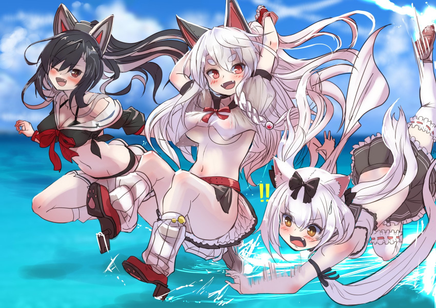 3girls animal_ears azur_lane bangs bare_shoulders black_bow black_hair blush bow braid breasts cat_ears cleavage collarbone commentary_request eyebrows_visible_through_hair fang fingerless_gloves gloves hair_bow hair_ornament hey_taishou highres long_hair looking_at_viewer medium_breasts multiple_girls nail_polish navel ocean open_mouth pleated_skirt ponytail red_eyes sailor_collar shigure_(azur_lane) silver_hair skirt smile tail thick_eyebrows thighhighs tripping twintails underboob white_legwear wolf_ears wolf_tail yukikaze_(azur_lane) yuudachi_(azur_lane)