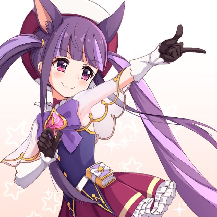 1girl ame. animal_ear_fluff animal_ears armpits black_gloves blue_shirt blush bow brown_background capelet closed_mouth commentary_request frilled_skirt frills gloves gradient gradient_background hat highres keyhole kirihara_kasumi long_hair pleated_skirt princess_connect! princess_connect!_re:dive purple_bow purple_hair red_eyes red_headwear red_skirt revision see-through shirt skirt smile solo spade_(shape) sparkle_background star starry_background twintails very_long_hair white_background