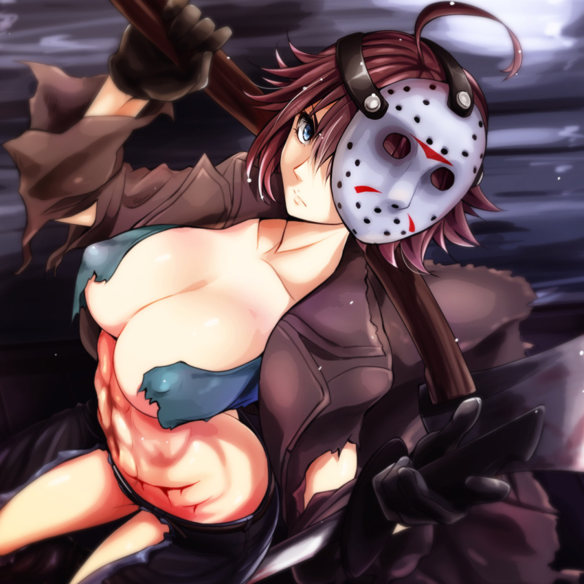 1girl abs ahoge ass axe bangs bishoujo_terror black_gloves blue_eyes breasts brown_hair brown_jacket cleavage closed_mouth collarbone commentary_request covered_nipples cowboy_shot denim friday_the_13th genderswap genderswap_(mtf) gloves green_shirt hair_between_eyes highres hockey_mask holding holding_axe holding_sword holding_weapon jacket jason_voorhees jeans kotobukiya_bishoujo large_breasts leather leather_jacket looking_at_viewer machete mask mask_on_head navel open_clothes open_jacket over_shoulder pants scar shirt short_hair solo sword thigh_cutout torn_clothes torn_jacket torn_jeans torn_pants torn_shirt watarui weapon weapon_over_shoulder
