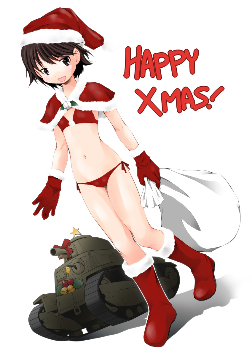 1girl absurdres akiba_nagito alternate_costume bangs bell bikini boots bow breasts brown_eyes brown_hair capelet christmas commentary_request dutch_angle full_body fur-trimmed_boots fur-trimmed_capelet fur-trimmed_gloves fur_trim girls_und_panzer gloves ground_vehicle hat highres holding holding_sack holly isobe_noriko looking_at_viewer merry_christmas military military_vehicle motor_vehicle navel open_mouth red_bikini red_bow red_capelet red_footwear red_gloves red_headwear sack santa_bikini santa_costume santa_hat shadow short_hair side-tie_bikini small_breasts smile solo standing star swimsuit tank type_89_i-gou volleyball walking waving white_background