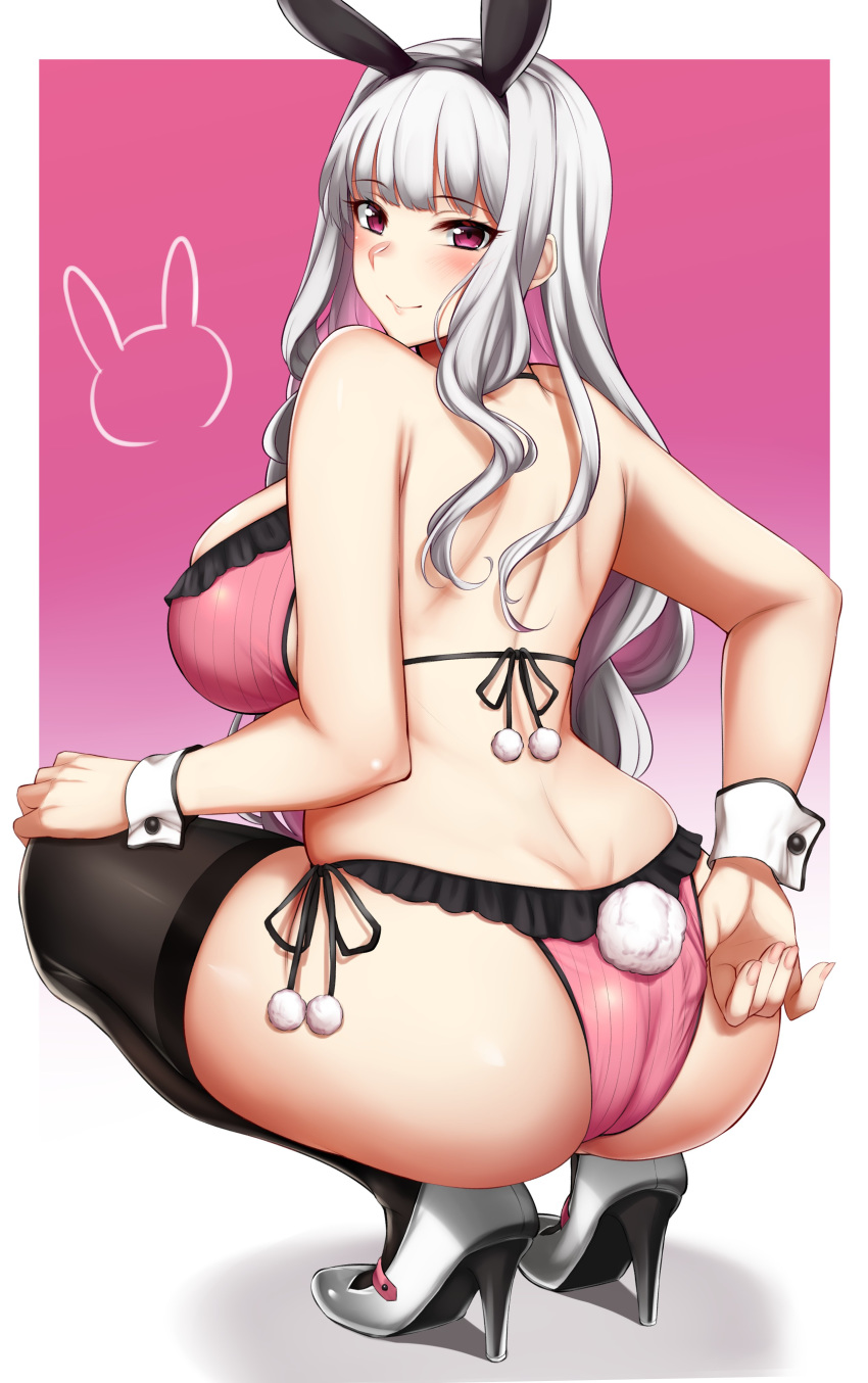 1girl absurdres adjusting_clothes animal_ears ass back bangs bare_shoulders bikini black_legwear blush breasts bunny_ears bunny_tail character_request detached_collar dimples_of_venus eyebrows_visible_through_hair fake_animal_ears frills hairband high_heels highres kusahagane large_breasts long_hair looking_at_viewer looking_back pink_bikini purple_eyes shoulder_blades side-tie_bikini sidelocks silver_hair skindentation smile solo squatting swimsuit tail thighhighs wrist_cuffs