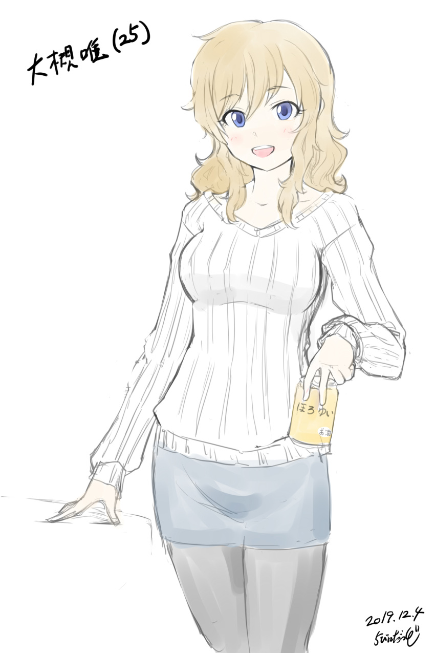 1girl absurdres alcohol artist_name blonde_hair blue_eyes breasts can character_name dated highres idolmaster idolmaster_cinderella_girls long_hair older ootsuki_yui open_mouth pantyhose rabinidaddo simple_background skirt smile sweater teeth v-neck