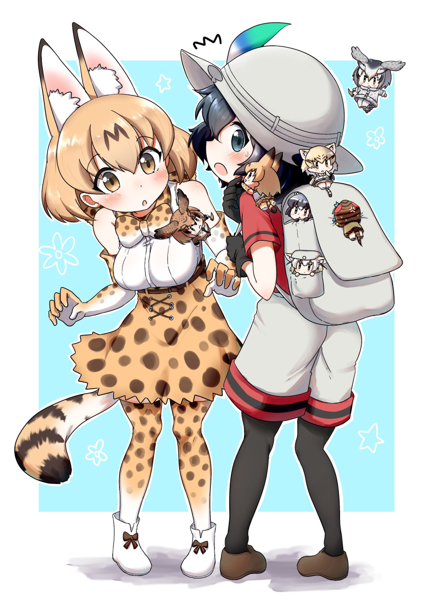 6+girls absurdres animal_ears bare_shoulders bird_girl bird_wings black_gloves black_hair black_legwear blonde_hair blue_eyes blue_hair blush boots bow bowtie cat_ears cat_girl coat common_raccoon_(kemono_friends) elbow_gloves eurasian_eagle_owl_(kemono_friends) extra_ears eyebrows_visible_through_hair fennec_(kemono_friends) flying fox_ears fox_girl fur_collar gloves grey_hair grey_shorts head_wings high-waist_skirt highres hood hoodie kaban_(kemono_friends) kemono_friends loafers multicolored_hair multiple_girls ngetyan northern_white-faced_owl_(kemono_friends) owl_ears pantyhose print_gloves print_legwear print_neckwear print_skirt raccoon_ears raccoon_girl sand_cat_(kemono_friends) serval_(kemono_friends) serval_ears serval_girl serval_print serval_tail shirt shoes short_hair shorts skirt sleeveless snake_print snake_tail sweatdrop tail thighhighs tsuchinoko_(kemono_friends) white_hair white_shirt wings yellow_eyes