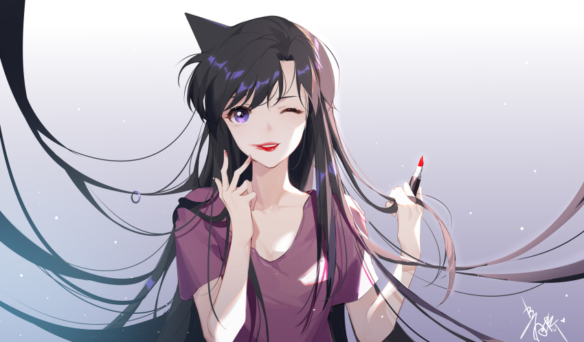 1girl absurdres bangs black_hair collarbone floating_hair gradient gradient_background highres holding lipstick lipstick_tube long_hair looking_at_viewer makeup meitantei_conan mouri_ran one_eye_closed purple_eyes purple_shirt red_lipstick shiny shiny_hair shirt short_sleeves solo suyi-j upper_body very_long_hair white_background