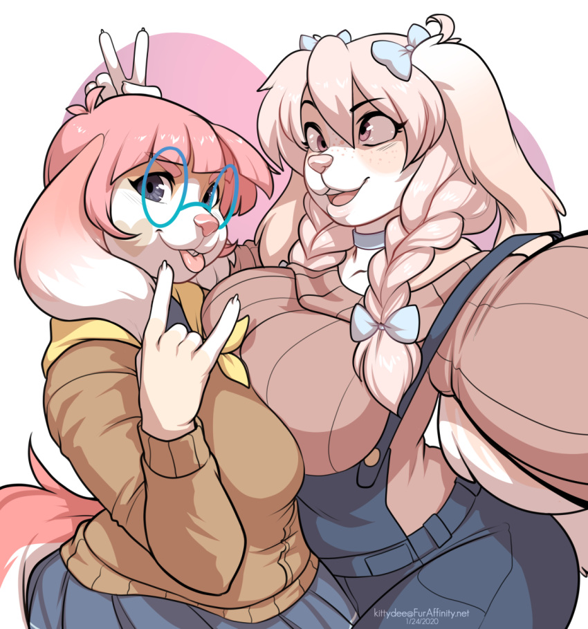 2020 anthro big_breasts braided_hair breast_squish breasts canid canine clothed clothing digital_media_(artwork) duo eyebrows eyelashes eyewear female glasses hair hi_res kittydee lagomorph leporid mammal rabbit simple_background smile squish