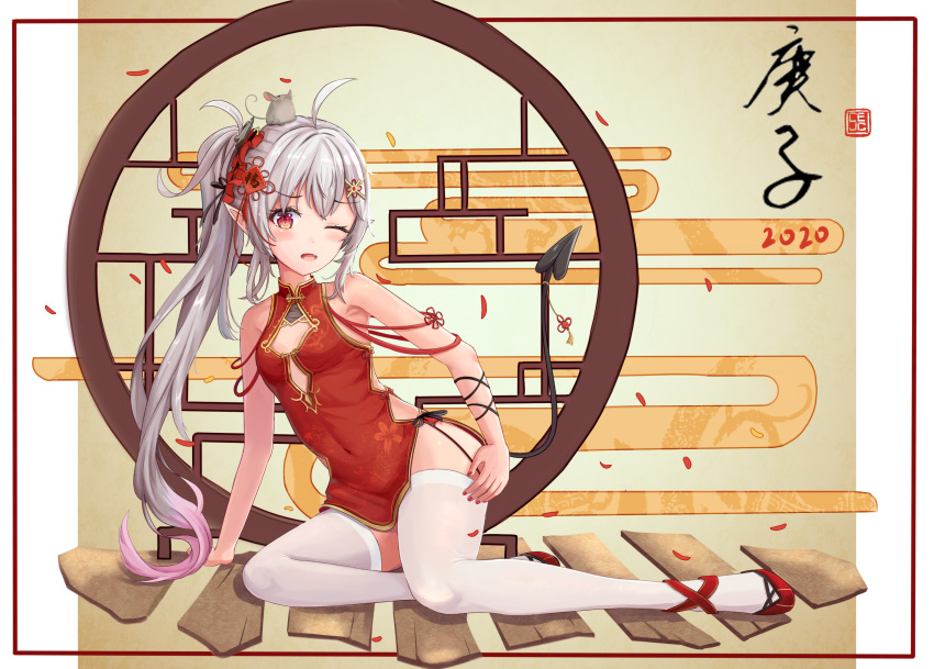 chinese_clothes chinese_dress long_hair original pointed_ears ponytail sechka wink