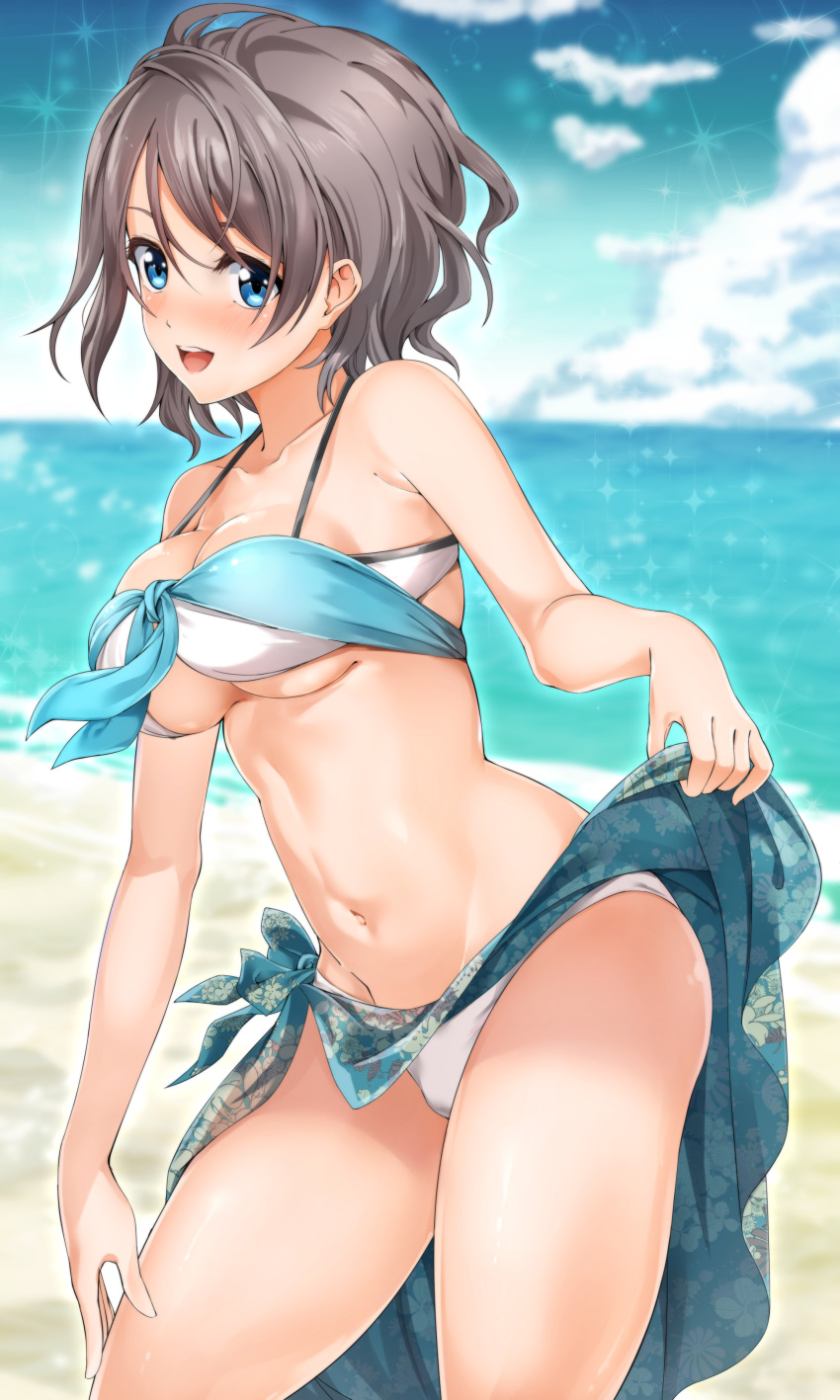 1girl :d absurdres aqua_bikini aqua_sarong beach bikini blue_eyes blush breasts collarbone commentary_request day front-tie_bikini front-tie_top grey_hair halterneck highres lifted_by_self looking_at_viewer love_live! love_live!_sunshine!! navel open_mouth outdoors sarong sarong_lift short_hair smile solo swimsuit underboob watanabe_you yuuki_(nijiiro_palette)