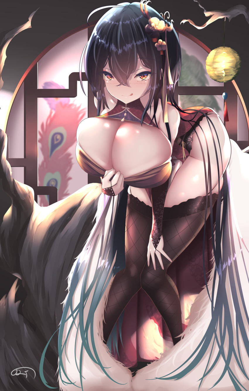 1girl :q absurdres ahoge azur_lane bangs bare_shoulders black_hair black_legwear blush breasts bridal_gauntlets bursting_breasts china_dress chinese_clothes cleavage cleavage_cutout crossed_bangs dress dress_tug feather_boa hair_between_eyes hair_ornament highres large_breasts leaning_forward long_hair looking_at_viewer red_dress red_eyes skindentation solo standing taihou_(azur_lane) taihou_(phoenix's_spring_song)_(azur_lane) thighhighs thighs tongue tongue_out very_long_hair wazdori