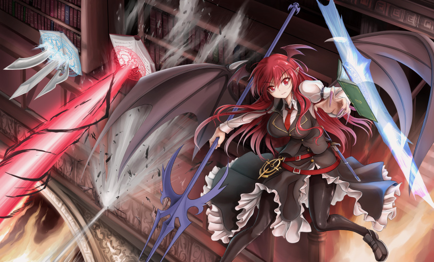 &gt;:( 1girl belt black_footwear black_legwear black_skirt black_vest black_wings book breasts chinese_commentary demon_wings flying frown head_wings highres holding holding_spear holding_weapon indoors koakuma large_breasts library long_hair long_sleeves looking_at_viewer magic namiki_(remiter00) pantyhose pointy_ears polearm red_belt red_eyes red_hair red_neckwear shirt shoes skirt skirt_set solo spear touhou trident vest weapon white_shirt wings