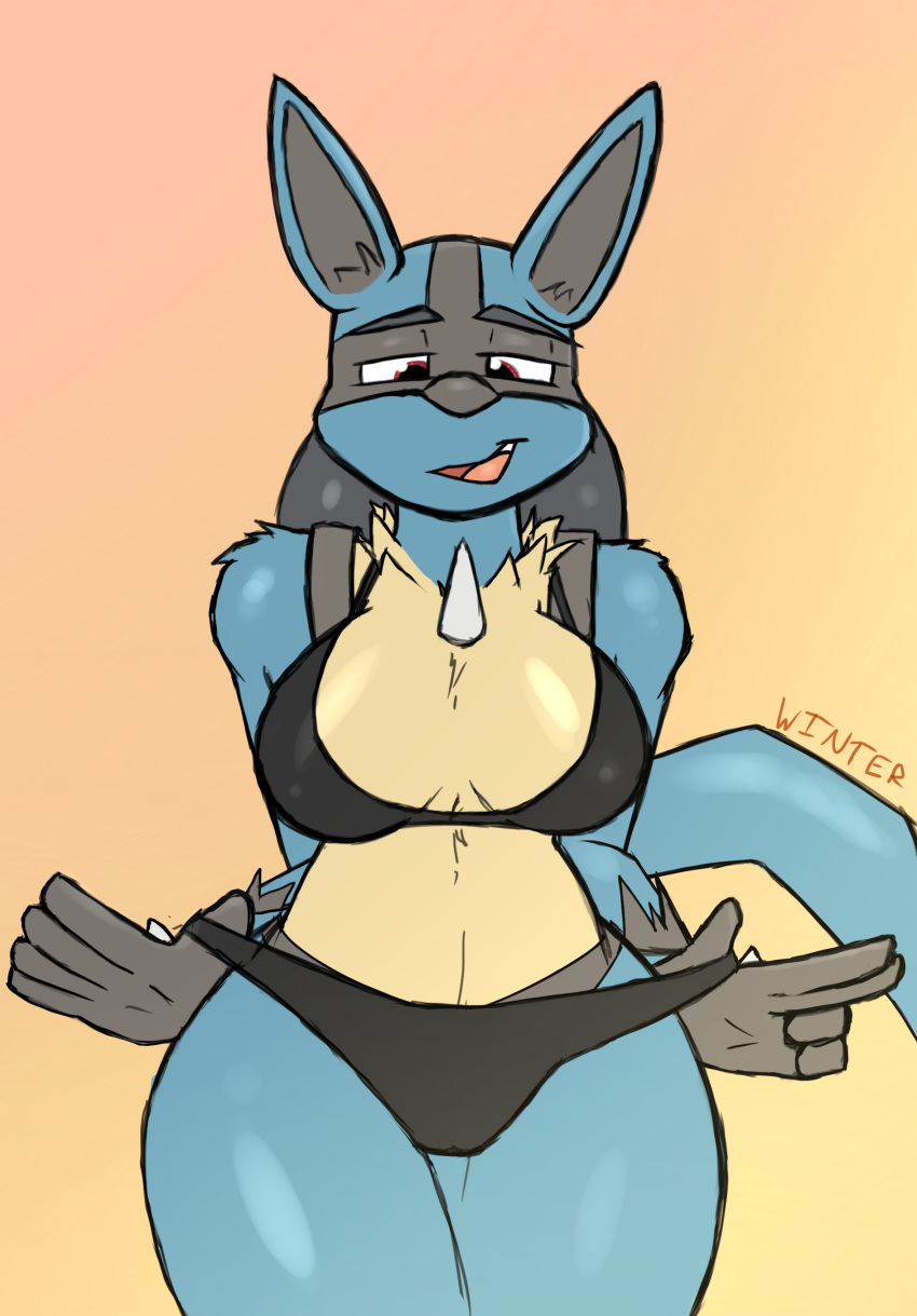 2020 absurd_res anthro blue_body blue_fur breasts canid canine clothed clothing female fur hi_res looking_at_viewer lucario mammal multicolored_body nintendo pok&eacute;mon pok&eacute;mon_(species) simple_background solo undressing video_games winter_(artist)