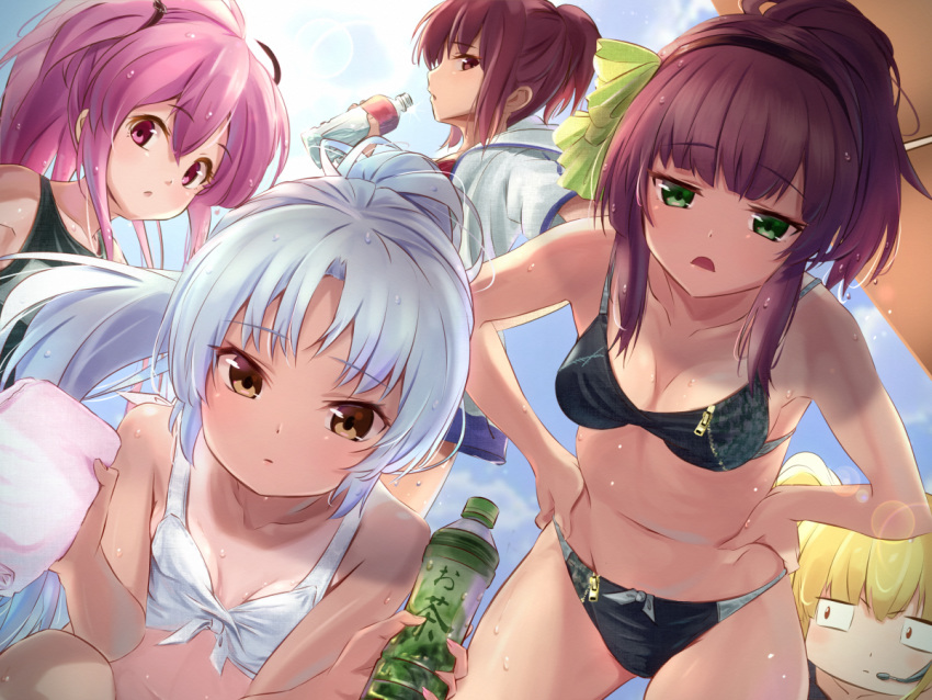 5girls angel_beats! bangs bent_over bikini black_bikini black_hairband black_school_swimsuit blonde_hair bottle bow breasts brown_eyes brown_hair cleavage collarbone floating_hair green_bow green_eyes groin hair_bow hairband hands_on_hips high_ponytail holding holding_bottle holding_towel hood hood_down hooded_jacket iwasawa jacket long_hair looking_at_viewer medium_breasts microphone multiple_girls navel open_clothes open_jacket open_mouth parasol pink_hair red_eyes school_swimsuit silver_hair small_breasts swimsuit tagame_(tagamecat) tenshi_(angel_beats!) towel two_side_up umbrella very_long_hair white_bikini_top white_jacket yui_(angel_beats!) yuri_(angel_beats!) yusa_(angel_beats!) zipper