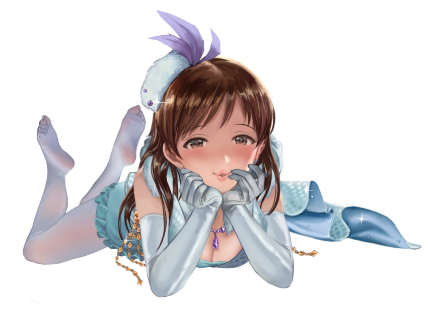 1girl bare_shoulders blush breasts brown_hair cleavage commentary_request dress elbow_gloves frills gloves hair_ornament hamedoragon idol idolmaster idolmaster_cinderella_girls jewelry long_hair looking_at_viewer lying medium_breasts necklace nitta_minami no_shoes on_stomach pantyhose puckered_lips pure_white_memories revision smile solo sparkle the_pose white_background