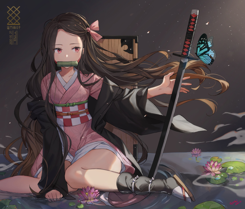 1girl artist_name bamboo bangs bit_gag black_hair brown_hair bug butterfly collarbone commentary dated forehead gag gompang gradient_hair hair_ribbon highres insect japanese_clothes kamado_nezuko katana kimetsu_no_yaiba kimono kneeling long_hair long_sleeves mouth_hold multicolored_hair obi pink_eyes pink_kimono pink_ribbon ribbon sash solo sword two-tone_hair very_long_hair water_surface weapon