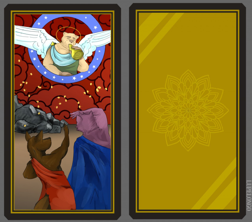 2020 angel brass_instrument card cloud digital_media_(artwork) fortune_telling group holding_object lupelongo male mammal musical_instrument outside rock simple_background sky tarot tarot_card trumpet wind_instrument wings