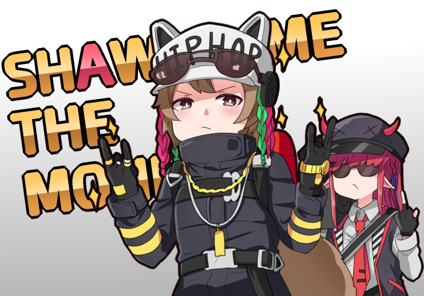 2girls arknights bangs black_gloves black_headwear black_jacket brown_eyes brown_hair cabbie_hat commentary eyewear_on_head fingerless_gloves gloves hat hayarob highres jacket jewelry long_hair long_sleeves middle_finger multicolored_hair multiple_girls necklace necktie open_clothes open_jacket pointy_ears red_hair red_neckwear ring shaw_(arknights) short_hair sparkle squirrel_tail sunglasses tail upper_body vigna_(arknights) watch white_headwear wristwatch