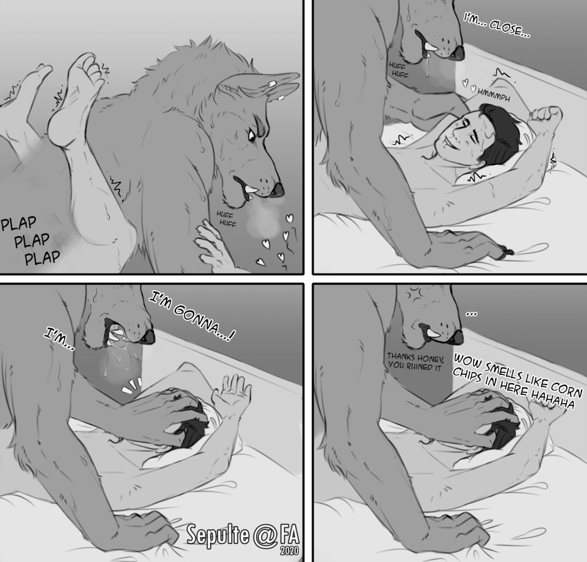 2020 5_fingers annoyed anthro anthro_penetrating anthro_penetrating_human bed biped black_and_white bodily_fluids canid canine canis comic dialogue drooling duo ear_piercing ear_ring english_text eyes_closed face_grab feet fingers furniture grabbing_sheets hi_res human human_on_anthro human_penetrated humor interspecies looking_at_another looking_at_partner lying male male/male male_penetrated male_penetrating male_penetrating_male mammal missionary_position monochrome on_back penetration piercing saliva sepulte sex shaking signature snarling sweat text toes wolf