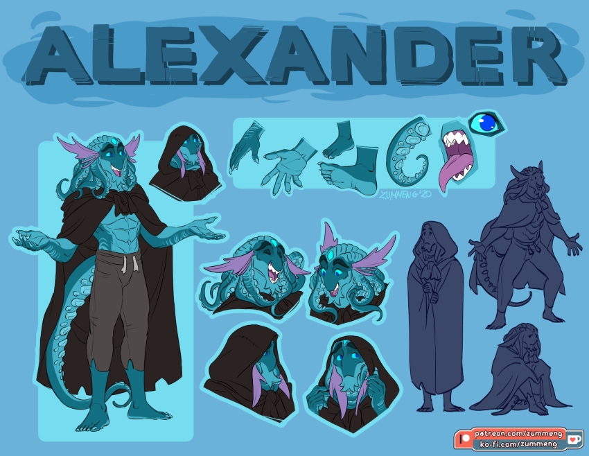 2020 5_fingers abs alexander_(zummeng) anthro blue_eyes bottomwear cephalopod cloak clothing coleoid deity digital_media_(artwork) fingers hi_res hood male marine model_sheet mollusk muscular muscular_male octopodiform pants pseudo_hair teeth tentacle_hair tentacles toes tongue zummeng