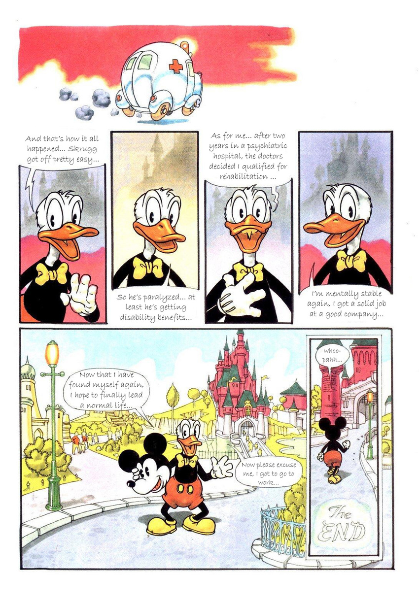 ambulance avian bird castle clothing comic costume detailed_background disney disneyland donald_duck duck group lamp looking_at_viewer male mickey_mouse outside public unknown_artist