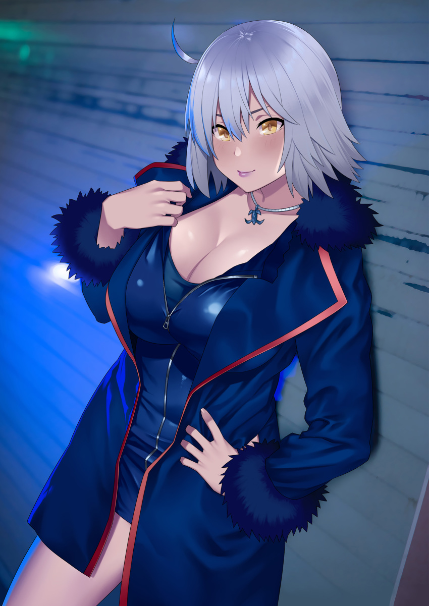 1girl absurdres against_wall ahoge black_dress blue_coat blush breasts cleavage cleavage_reach coat commentary_request dress fate/grand_order fate_(series) full-length_zipper fur-trimmed_coat fur-trimmed_sleeves fur_trim hand_on_hip highres huge_breasts jeanne_d'arc_(alter)_(fate) jeanne_d'arc_(fate)_(all) jewelry looking_at_viewer necklace night nose_blush open_clothes open_coat pendant short_dress silver_hair solo wicked_dragon_witch_ver._shinjuku_1999 yellow_eyes zipper zonda_(solid_air)