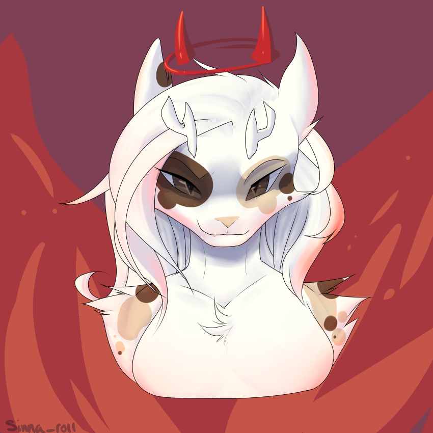 1:1 2020 absurd_res anthro antlers cervid devil_horns_(disambiguation) digital_media_(artwork) female fire hair hi_res horn mammal meiko sinnamon_roll smile smirk solo