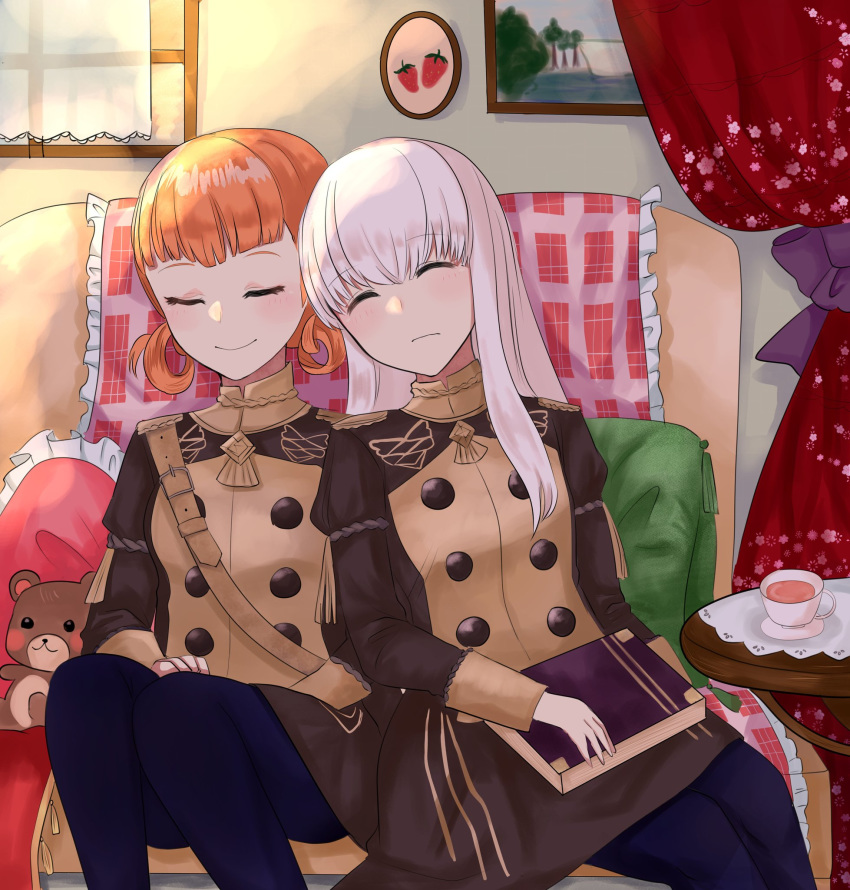 2girls annette_fantine_dominic blue_legwear book closed_eyes closed_mouth cup fire_emblem fire_emblem:_three_houses garreg_mach_monastery_uniform highres holding holding_book indoors long_hair long_sleeves lysithea_von_ordelia multiple_girls orange_hair otokajife painting_(object) sitting sleeping smile stuffed_animal stuffed_toy tea teacup teddy_bear twintails uniform white_hair