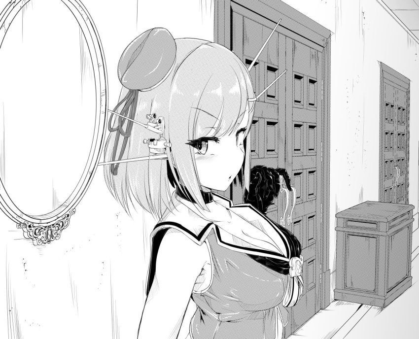 1girl bangs beret blush breasts choker cleavage door drawing_nk eyebrows_visible_through_hair gloves greyscale hair_ornament hat headgear indoors kantai_collection large_breasts maya_(kantai_collection) mirror monochrome open_mouth remodel_(kantai_collection) sleeveless solo upper_body x_hair_ornament