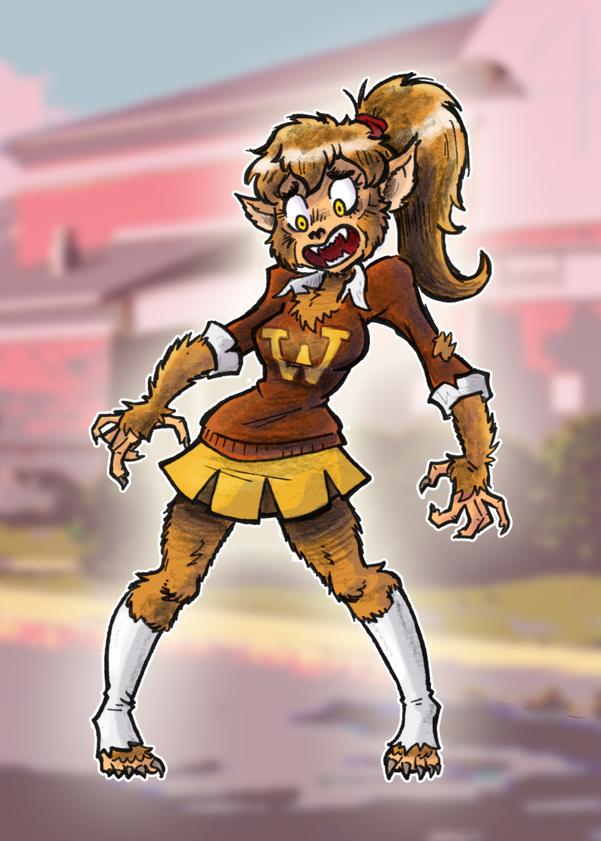 2018 anthro bottomwear breasts brown_body brown_fur canid canine clothing female fur hair hi_res mammal mr-dna open_mouth pamela_wells pigeon_toed ponytail shocked simple_background skirt solo standing sweater teen_wolf topwear torn_clothing transformation were werecanid werecanine werewolf yellow_eyes