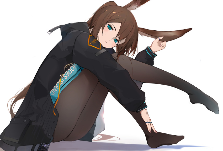 1girl absurdres amiya_(arknights) animal_ear_fluff animal_ears arknights bangs black_jacket blue_eyes blush brown_hair bunny_ears closed_mouth commentary from_side full_body hair_between_eyes head_tilt highres holding_ears jacket jewelry knees_up long_hair long_sleeves looking_at_viewer multiple_rings no_shoes open_clothes open_jacket pantyhose revision ring rrr_ato shadow sidelocks sitting skirt solo thighs thumb_ring very_long_hair