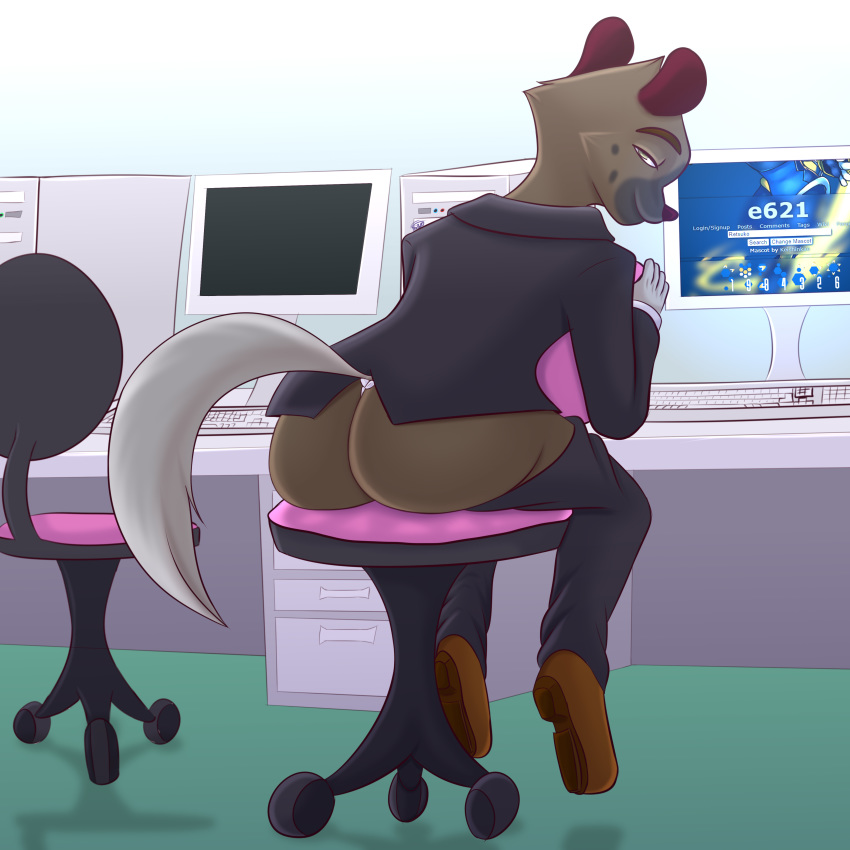 1:1 absurd_res aggressive_retsuko asian_clothing clothed clothing damian5320 e621 east_asian_clothing fundoshi haida hi_res hyaenid japanese_clothing male mammal office pants_down partially_clothed sanrio sitting solo underwear