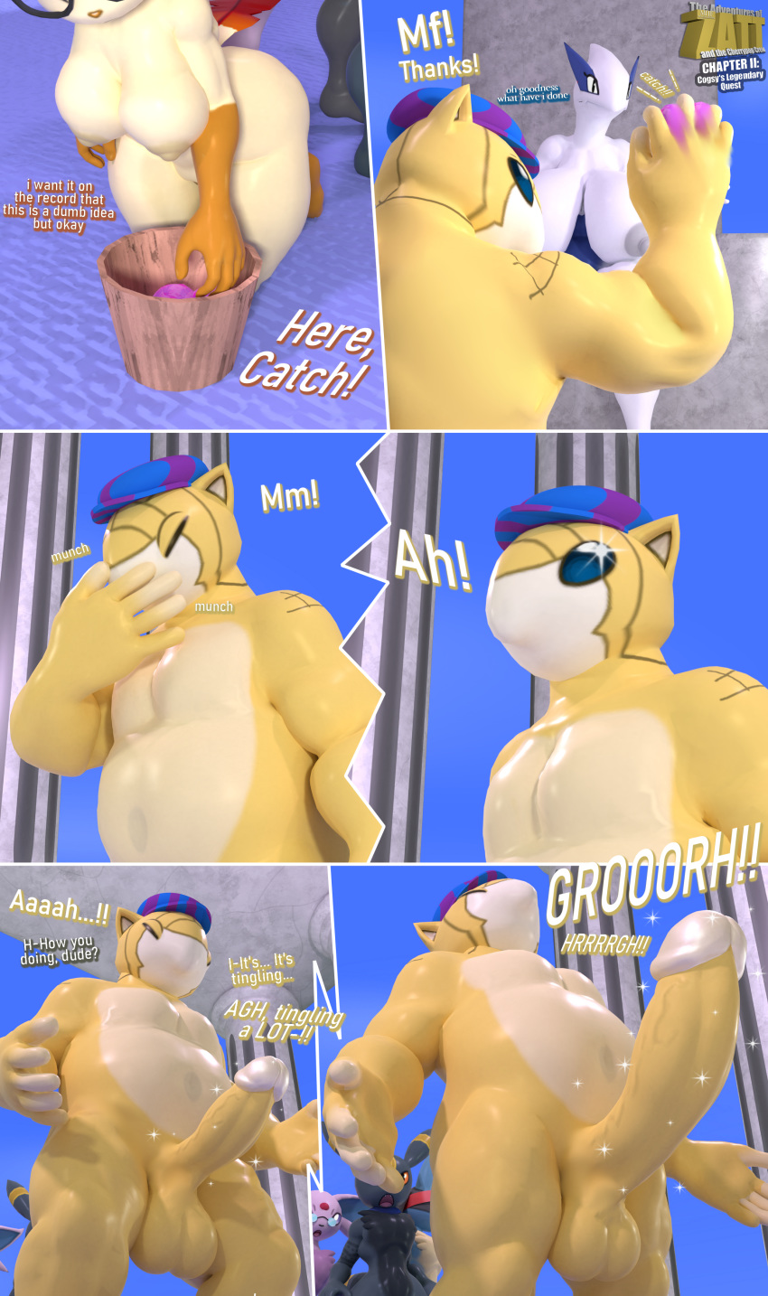 3d_(artwork) absurd_res anthro balls barefoot being_watched big_breasts big_penis black_body black_skin blue_body blue_skin breasts comic dialogue digital_media_(artwork) eeveelution espeon eyewear featureless_crotch female genitals glasses growth hi_res humanoid_penis leafeon legendary_pok&eacute;mon looking_at_another lucario lugia male moorsheadfalling nintendo penis penis_growth pok&eacute;mon pok&eacute;mon_(species) purple_body purple_skin sandshrew slightly_chubby text umbreon video_games water yellow_body yellow_skin